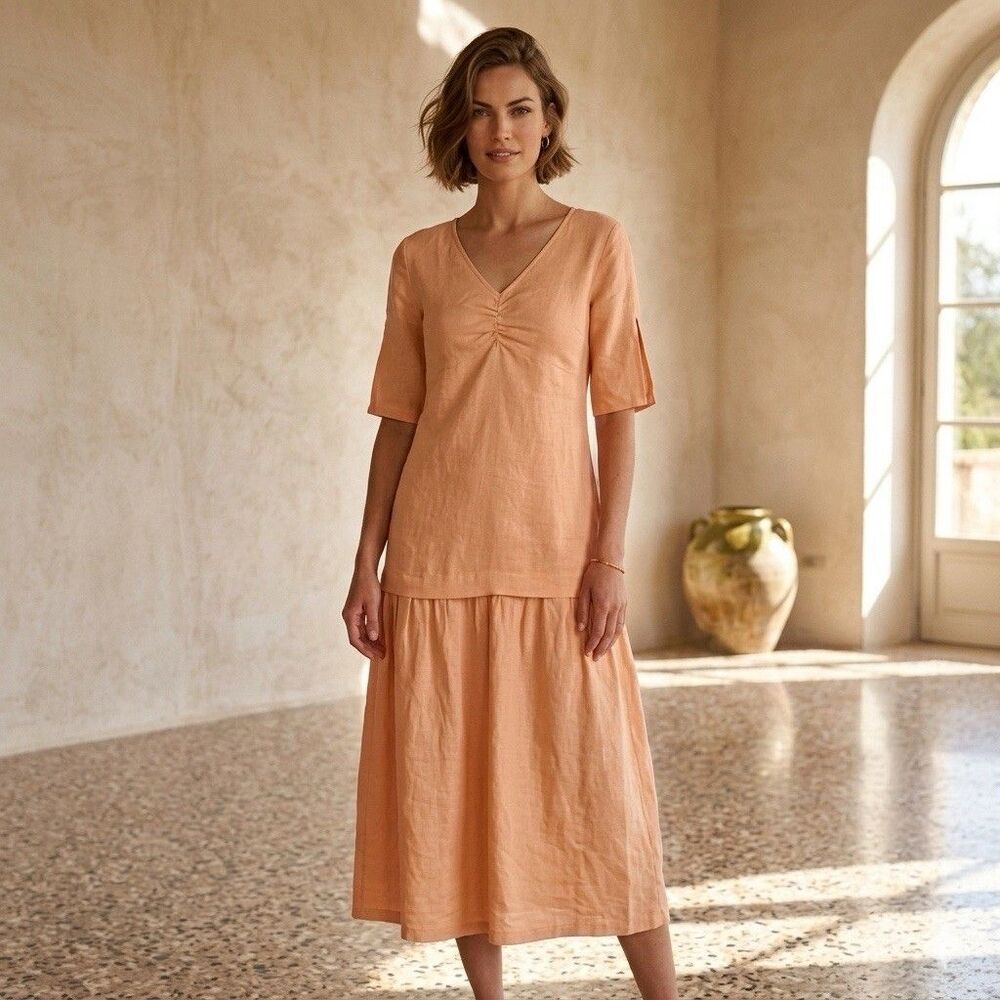 La Fabbrica del Lino Italy Linen Midi Dress S Drop Waist Lagenlook Coastal